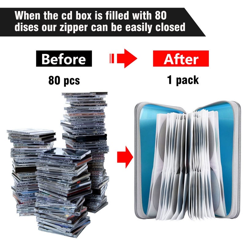 Siveit CD Case Holder, 80 Capacity CD/DVD Case Holders Wallet Hard Plastic CD DVD Disc Cases Storage Binder for Car Home Office Travel (Sky Blue) - Image 4